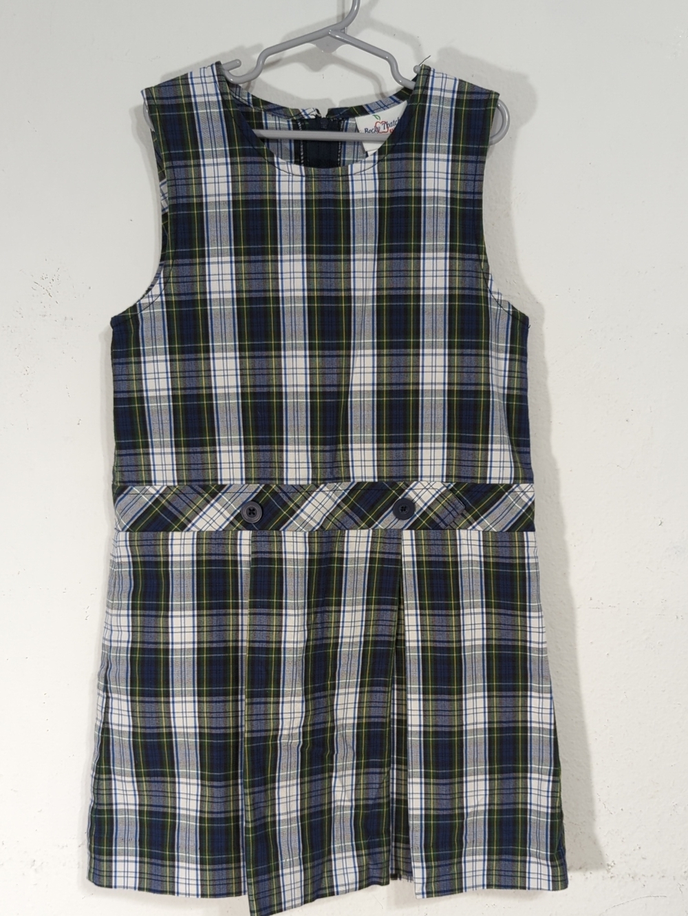 Girls Plaid School Jumper Dress in Navy & Green